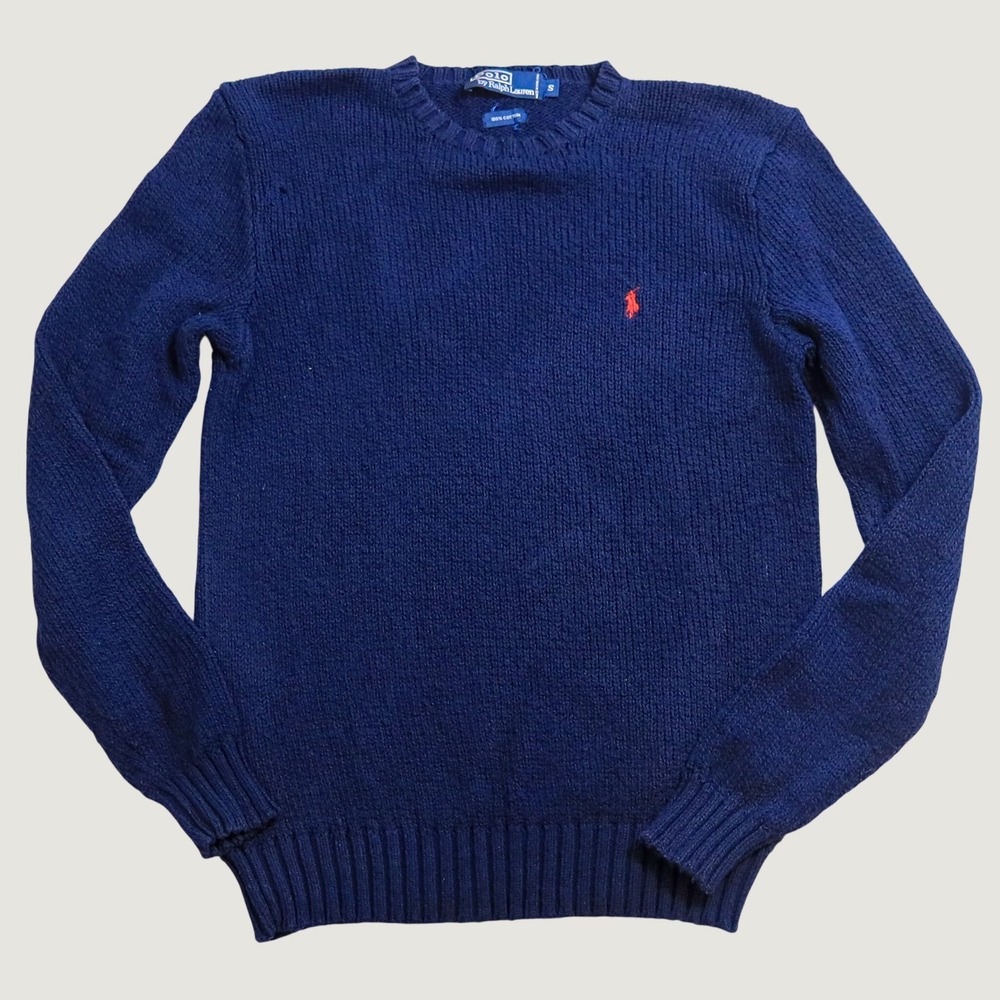 Polo Ralph Lauren Sweater Mens Small Blue Cotton Crewneck Red Pony Logo Vintage